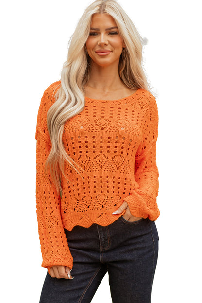 Carrot Solid Color Open Crochet Scallop Edge Sweater