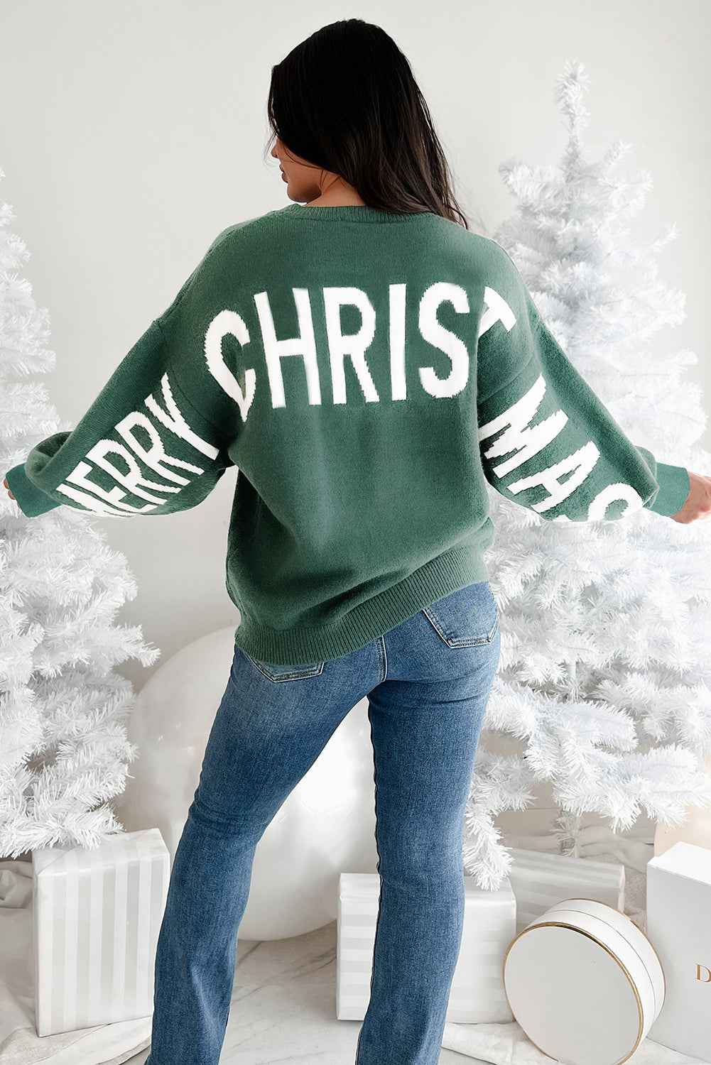 Fiery Red HO HO HO MERRY CHRISTMAS Drop Shoulder Loose Sweater