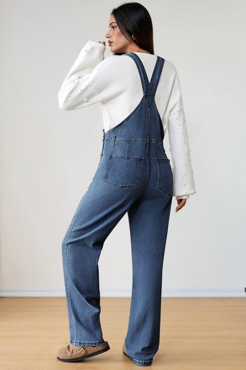 Dark Blue Retro Bib Pocket Buckle Straps Casual Denim Jumpsuit