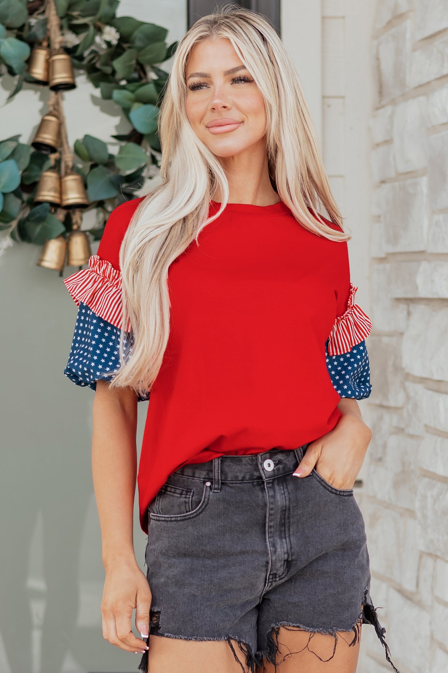 Beau Blue Stars Stripes Short Puff Sleeve Top