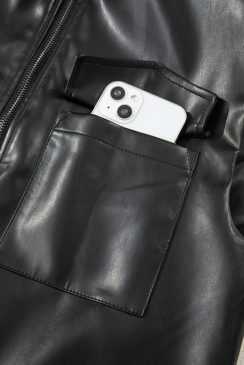 Black Double Flap Pocket Faux Leather Zip Up Stand Neck Vest