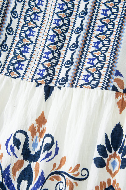 Sky Blue Plus Size Boho Print Split Neck Long Sleeve Mini Dress