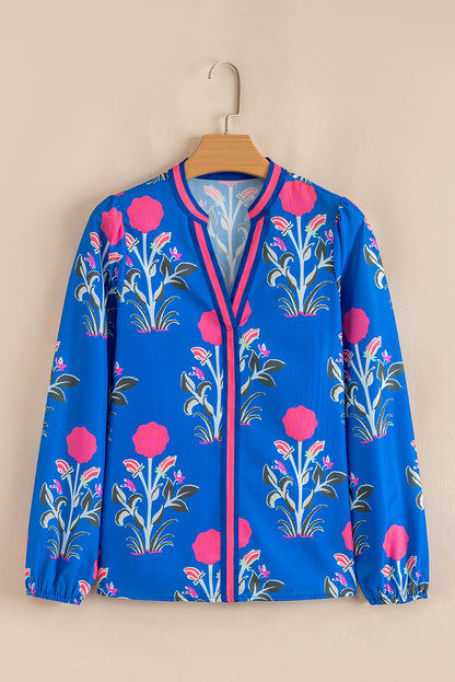 Blue Floral Print Contrast Striped Trim Notched Neck Long Sleeve Blouse