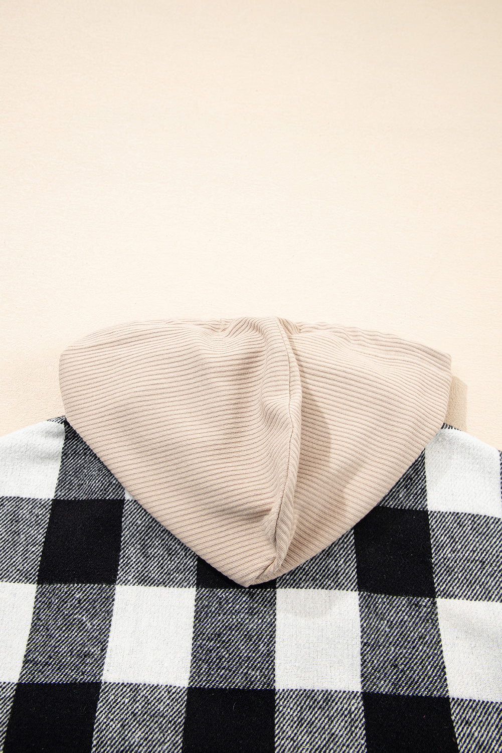 Black Double Plaid Patchwork Drawstring Hooded Shacket