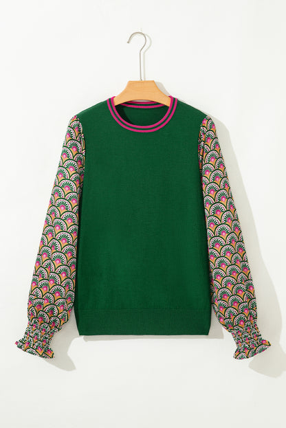 Blackish Green Floral Patchwork Shirred Cuff Puff Sleeve Sweater