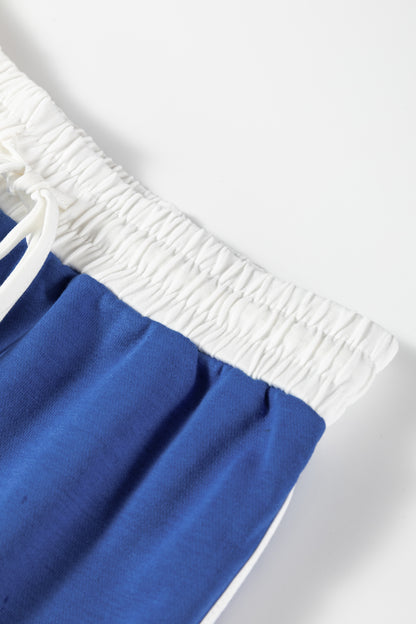 Sky Blue Varsity Stripe Detail Drop Shoulder Pullover Mini Skirt Set