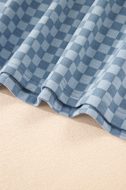 Sky Blue Checkerboard Long Sleeve Pullover and Shorts Set