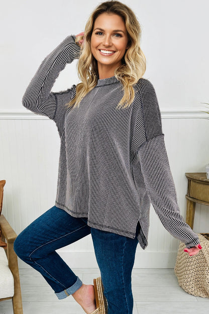 Parchment Twist Ribbed Exposed Seam Detail Long Sleeve Loose Top