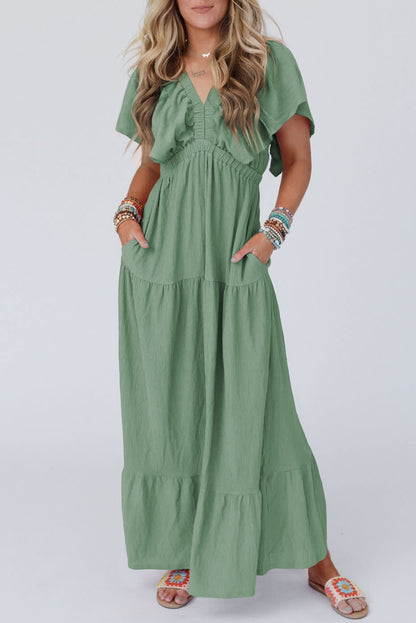 Grass Green Textured V Neck Flutter Sleeve Ruffled Maxi Dress