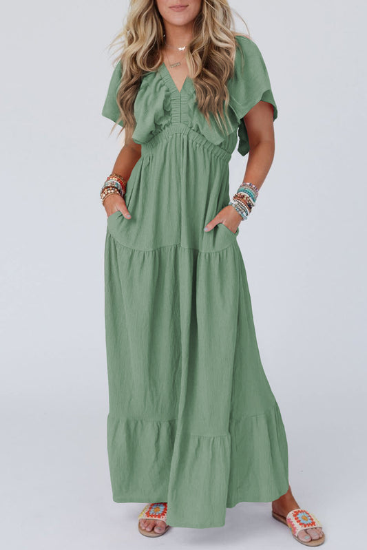 Grass Green Textured V Neck Flutter Sleeve Ruffled Maxi Dress