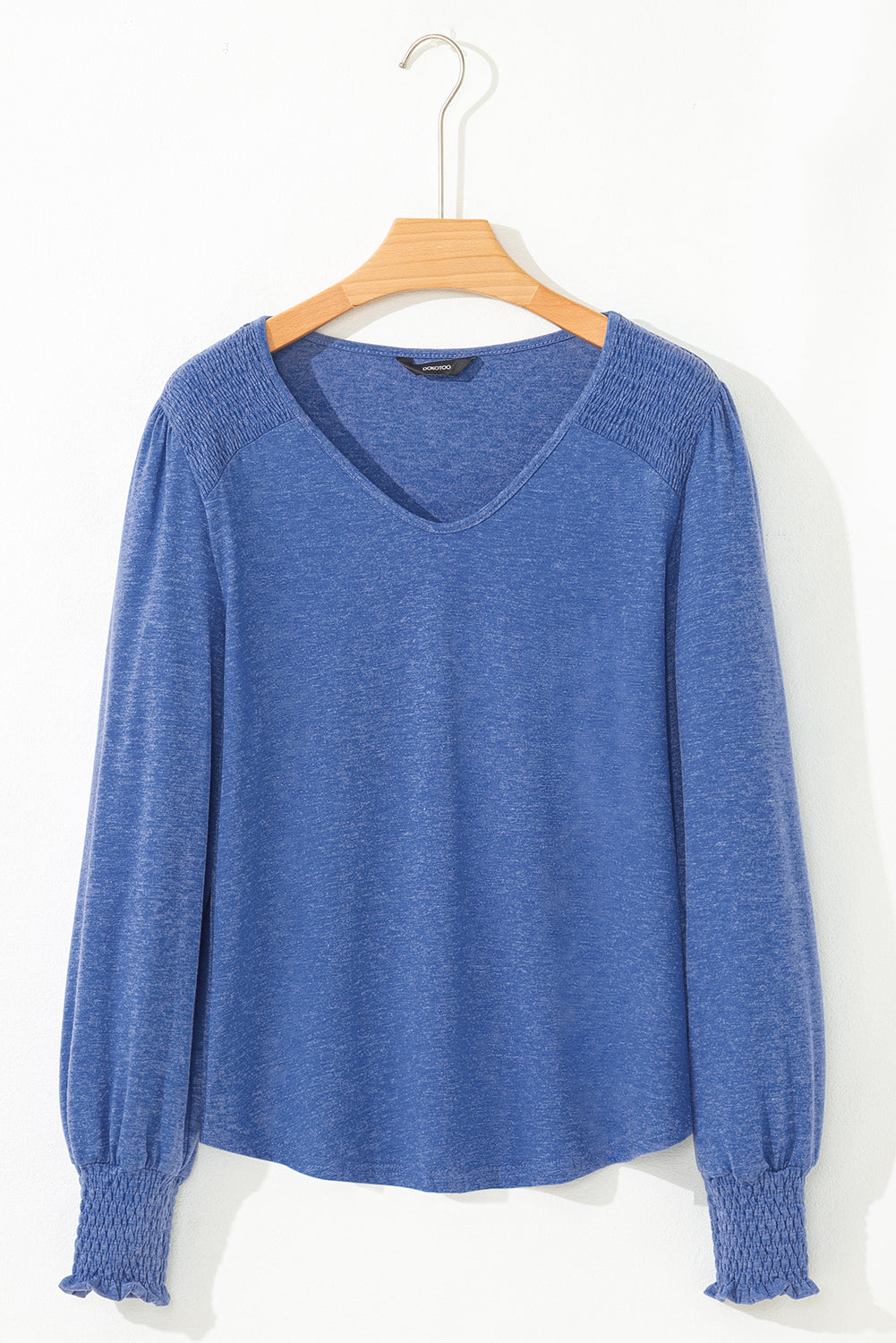 Sky Blue Shirred Shoulder Frilled Cuffs Long Sleeve Top