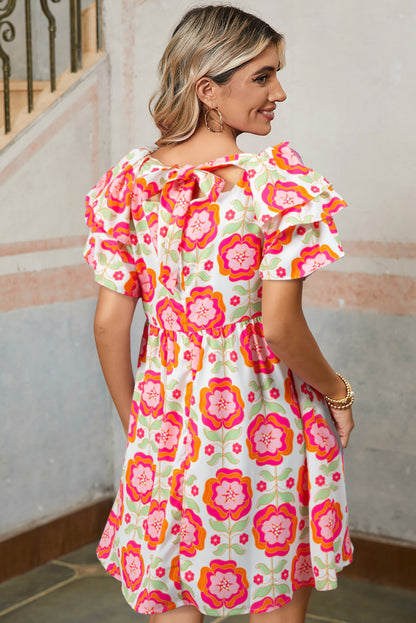 Rose Floral Print Square Neck Lace up Back Ruffled Sleeve Dress