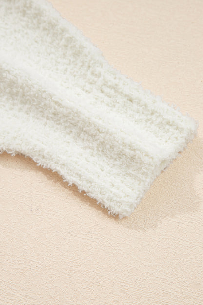 White Multicolored Striped Accent Hooded Popcorn Sweater