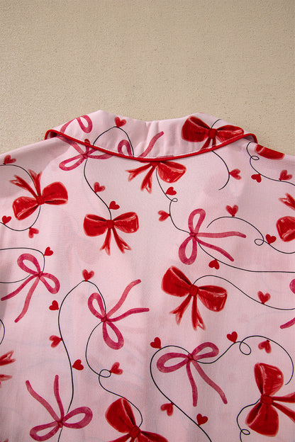 Red Bow Print Valentine Long Sleeve Shirt Shorts 2 Pcs Pajama Set