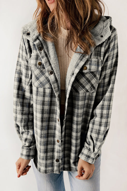 Black Plaid Pattern Sherpa Lined Hooded Shacket