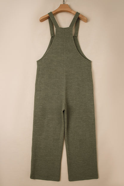 Laurel Green Solid Color Knit Loose Straight Leg Casual Overall Jumpsuit