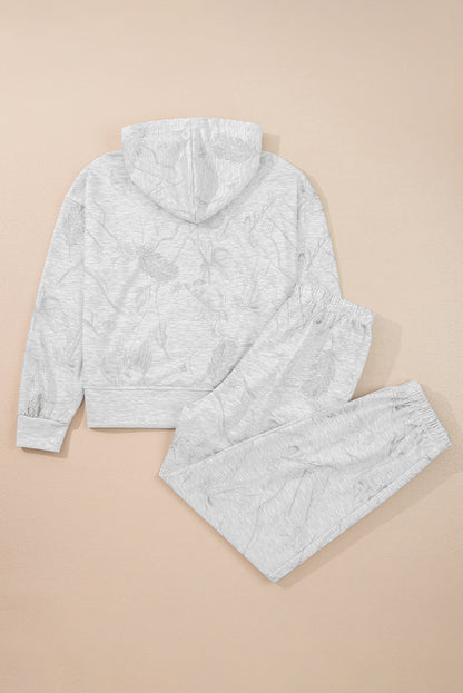 Light Grey Abstract Print Loose Drop Sleeve Hoodie Elastic Waistband 2pcs Pant Set