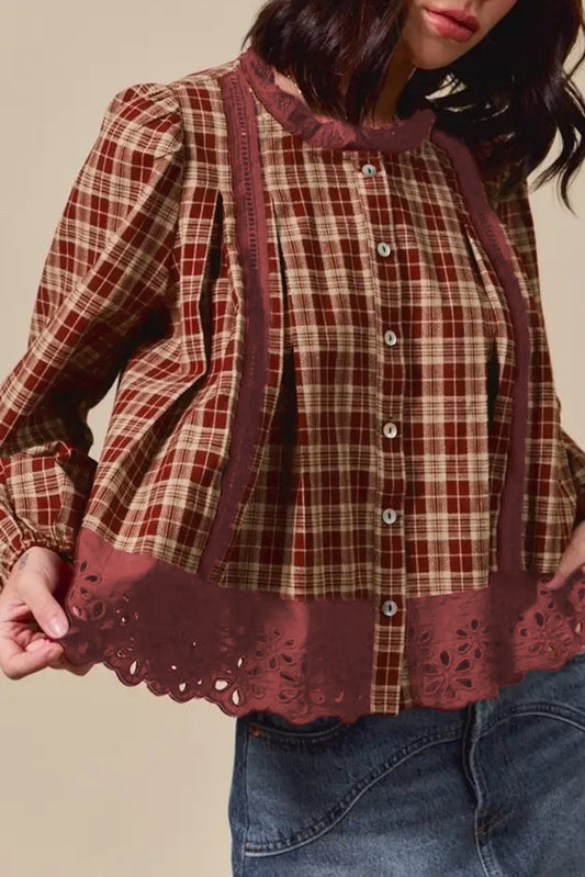 Red Dahlia Plaid Eyelet Lace Trim Button Down Loose Long Sleeve Shirt