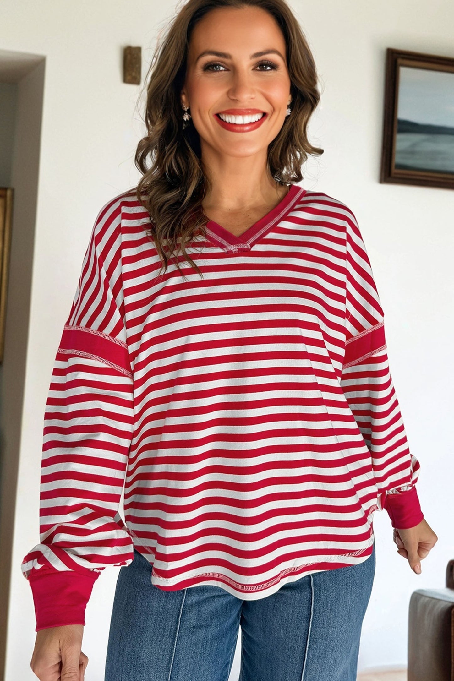 Red Stripe Exposed Seam V Neck Balloon Sleeve Pullover