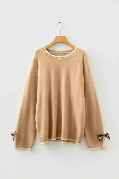 Tan Plus Size Leopard Bow Decor Split Cuffs Loose Sweater