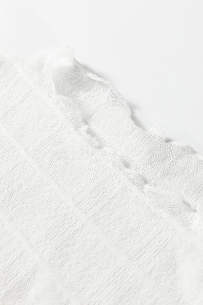 White Sheer Plaid Mesh Lettuce Trim Slim Fit Long Sleeve Top