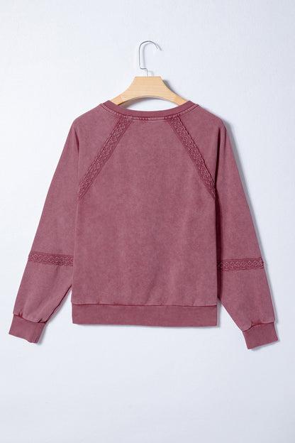 Red Dahlia Lace Patchwork Detail Notched Neck Mineral Wash Baggy Sweatshirt