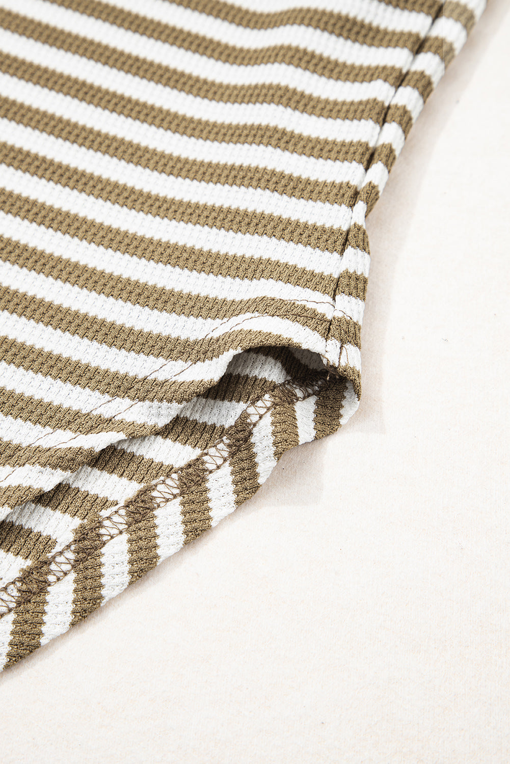 Khaki Stripe Thermal Knit Drop Shoulder Casual Top