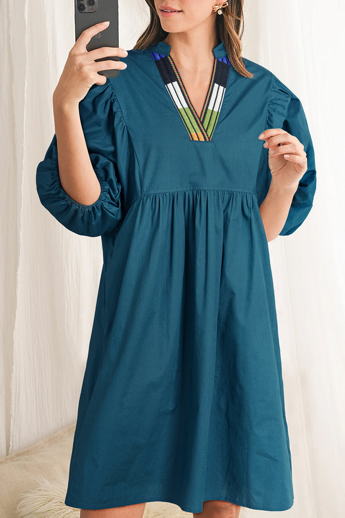 Blue Sapphire Colorblock Split V Neck Puff Sleeve Mini Dress