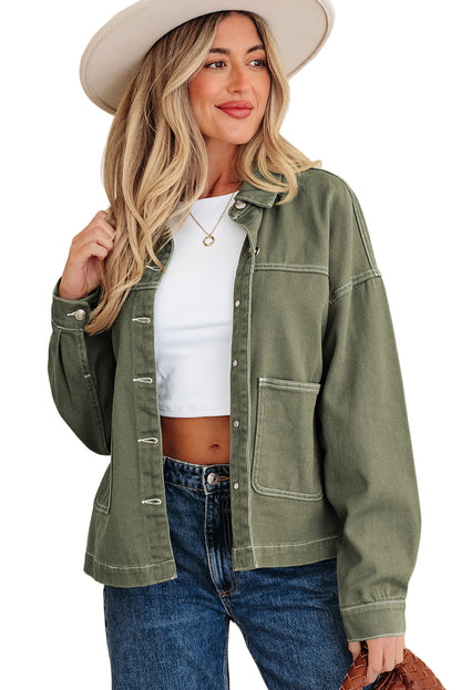 Smoke Green Patched Pocket Collared Button Front Boyfriend Denim Jacket