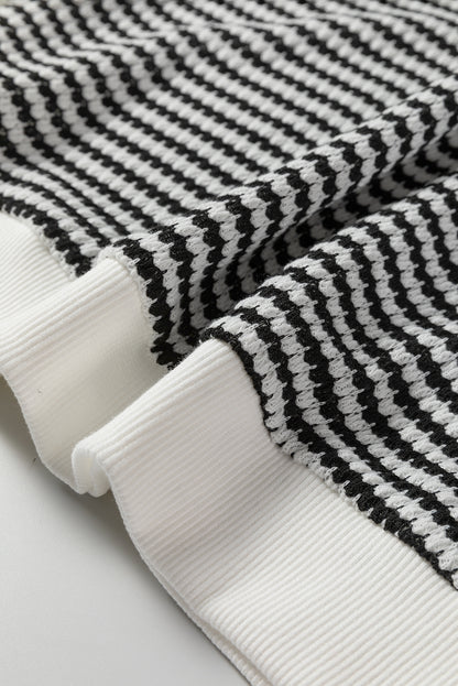 Black Stripe Textured Knit Contrast Hollowed Lace Patchwork Long Sleeve Top