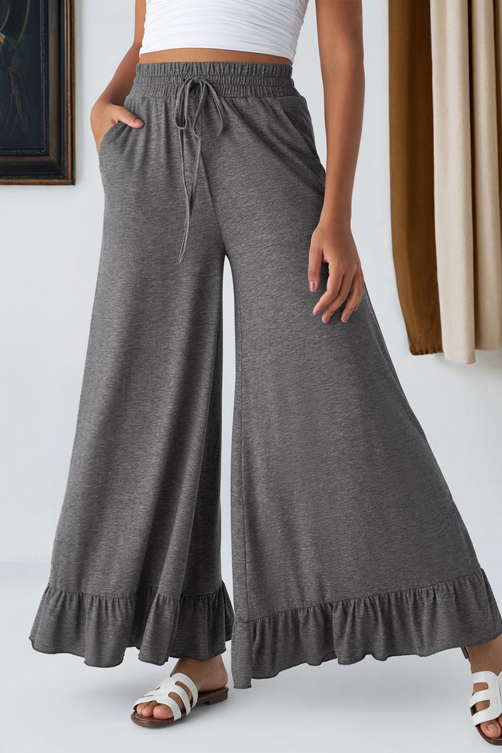 DUNE Ruffled Wide Leg Pull On High Waist Pants with Pockets