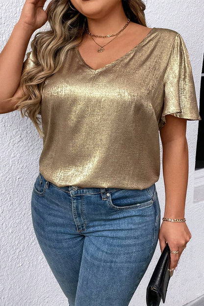 Gold Plus Size Metallic V Neck Short Sleeve Blouse