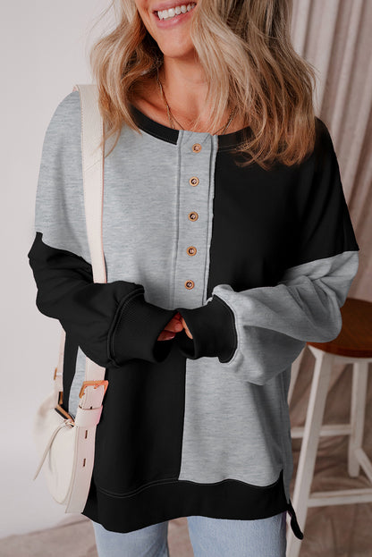 Color black Colorblock Henley High Low Oversize Sweatshirt