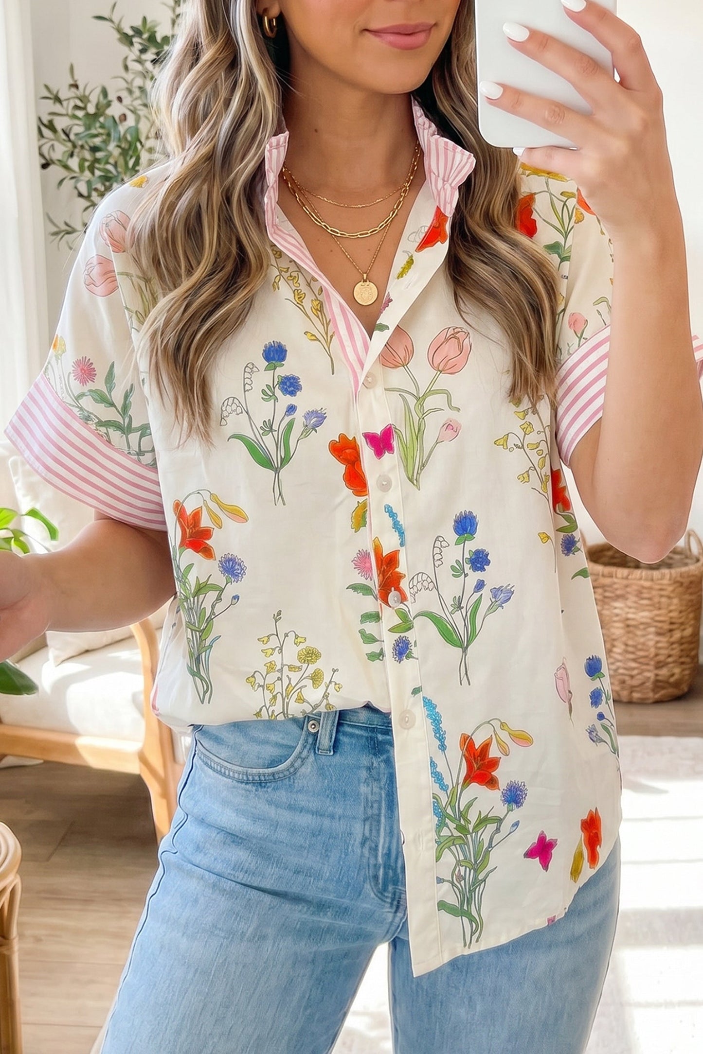 Sky Blue Floral Striped Patchwork Ruffled Collar Short Sleeve Shirt