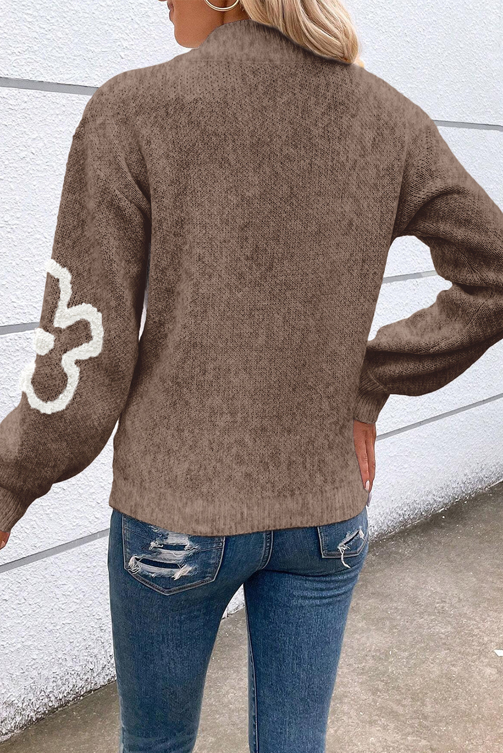 White Contrast Flower Half Zipper Stand Neck Sweater