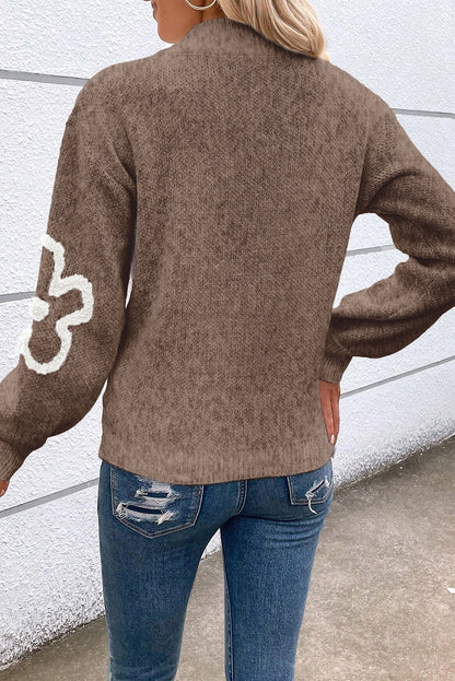 White Contrast Flower Half Zipper Stand Neck Sweater