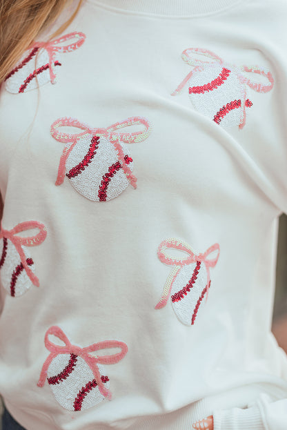 White Sequin Bow Baseball Patched Casual Sweatshirt