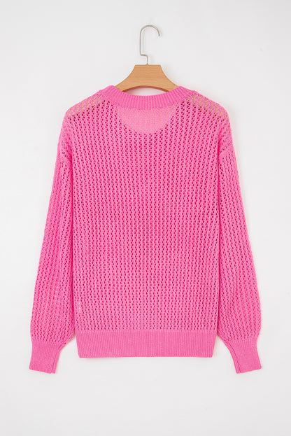 Sachet Pink Sweet Bow Decor Hollow Out Knitted Drop Shoulder Sweater