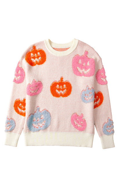 Beige Halloween Cute Pumpkin Pattern Sweater
