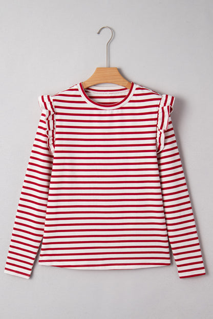Red Stripe Round Neck Ruffle Trim Long Sleeve Top