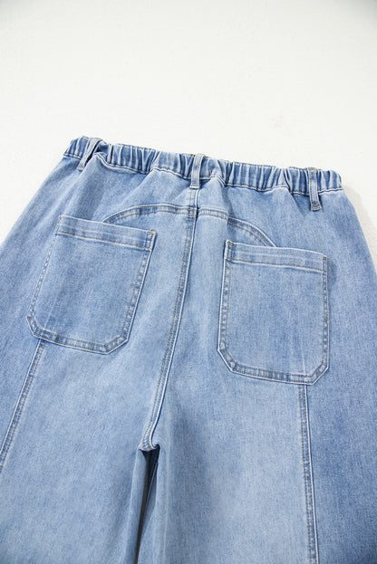 Beau Blue Drawstring Seam Detail Raw Hem Wide Leg Denim Pants