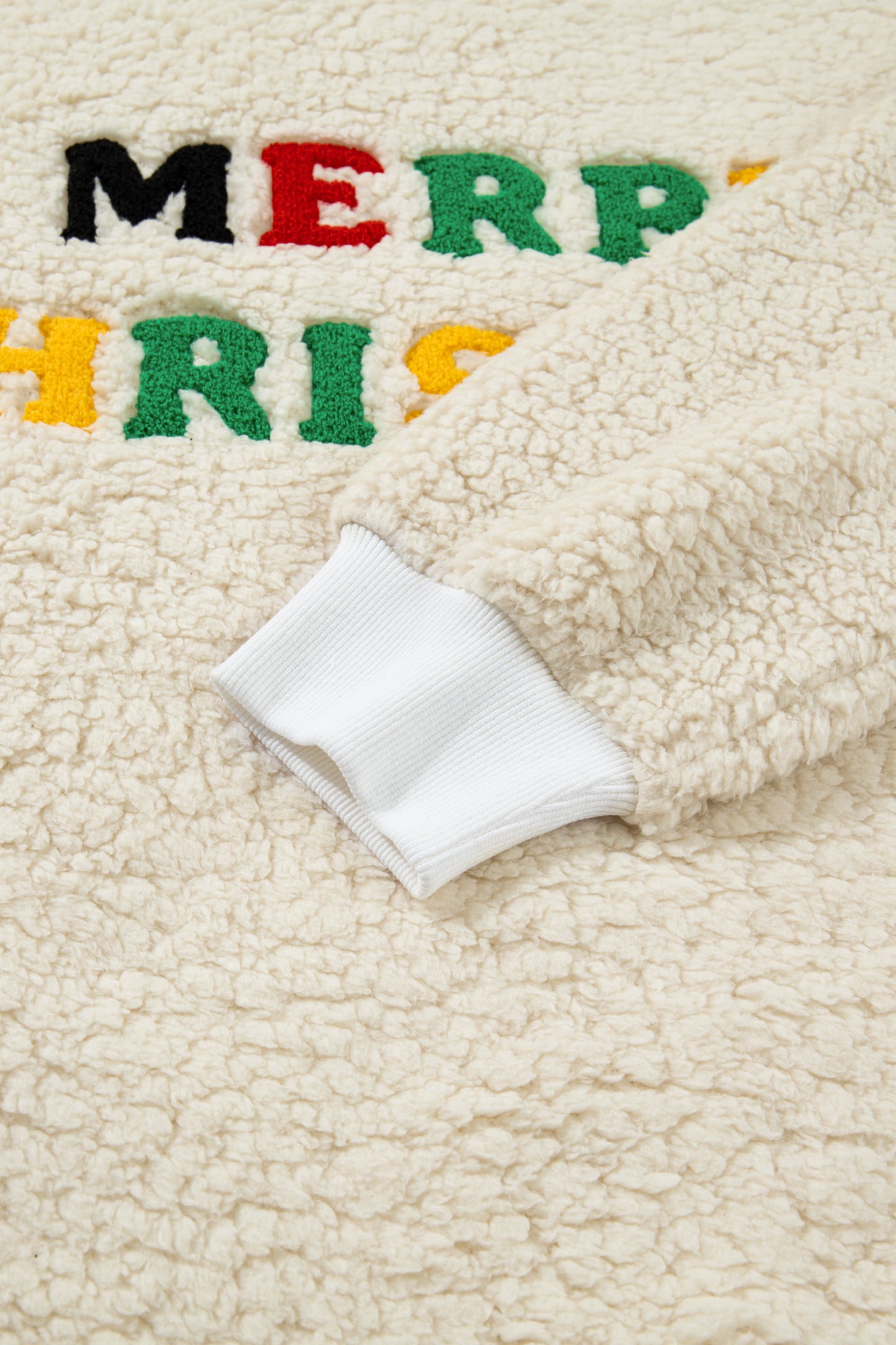 White MERRY CHRISTMAS Multicolor Embroidered Sherpa Pullover Sweatshirt