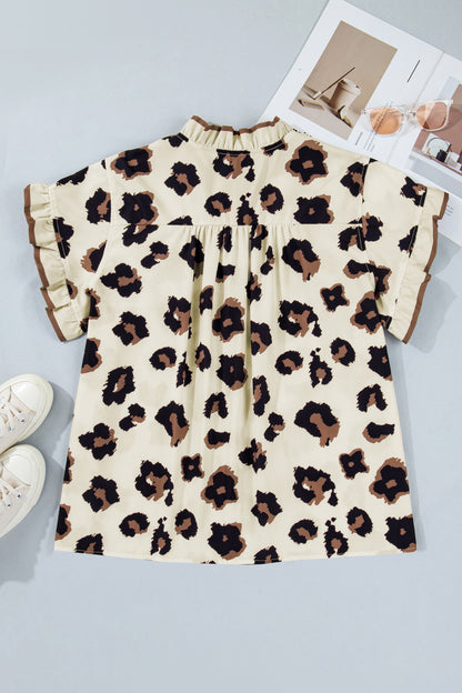Khaki Plus Size Leopard Print Frilled Color Block Trim Button Down Short Sleeve Blouse