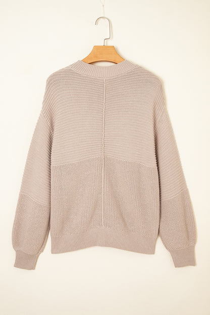 Parchment Mixed Texture Patchwork Knitted Puff Sleeve Sweater