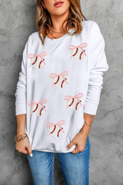White Sequin Bow Baseball Patched Casual Sweatshirt