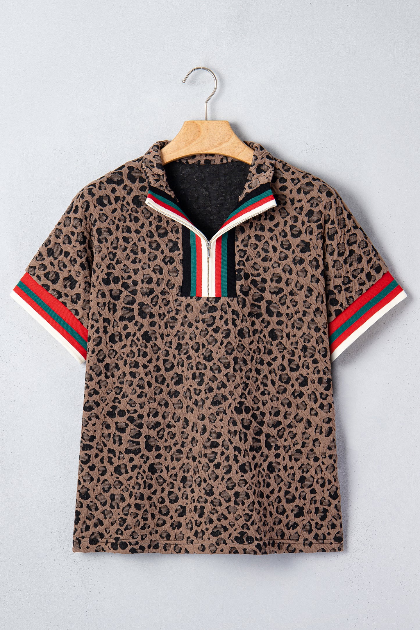 Brown Leopard Jacquard Striped Patchwork Half Zip Short Sleeve Blouse