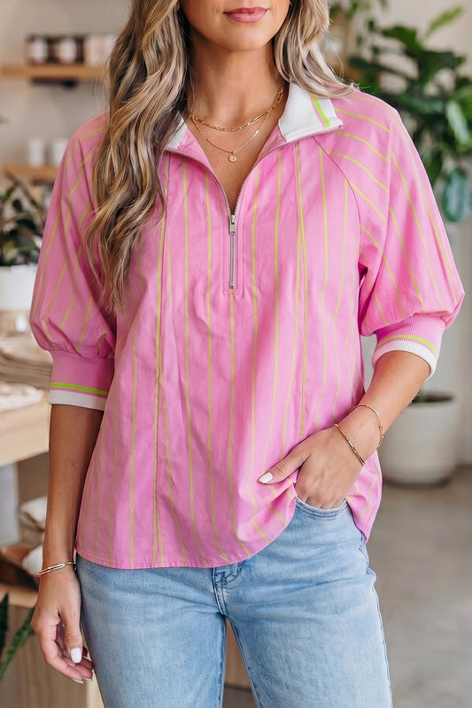 Pink Stripe Striped V-Neck Half Sleeve Zipper Ribbed Cuff Casual Shift Blouse
