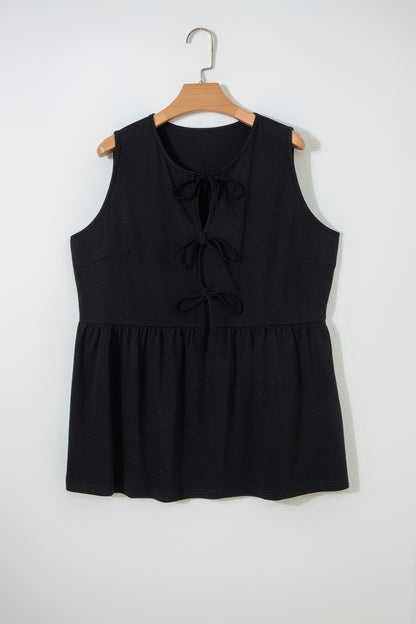 White Plus Size Solid Color Bow Tie Peplum Tank Top