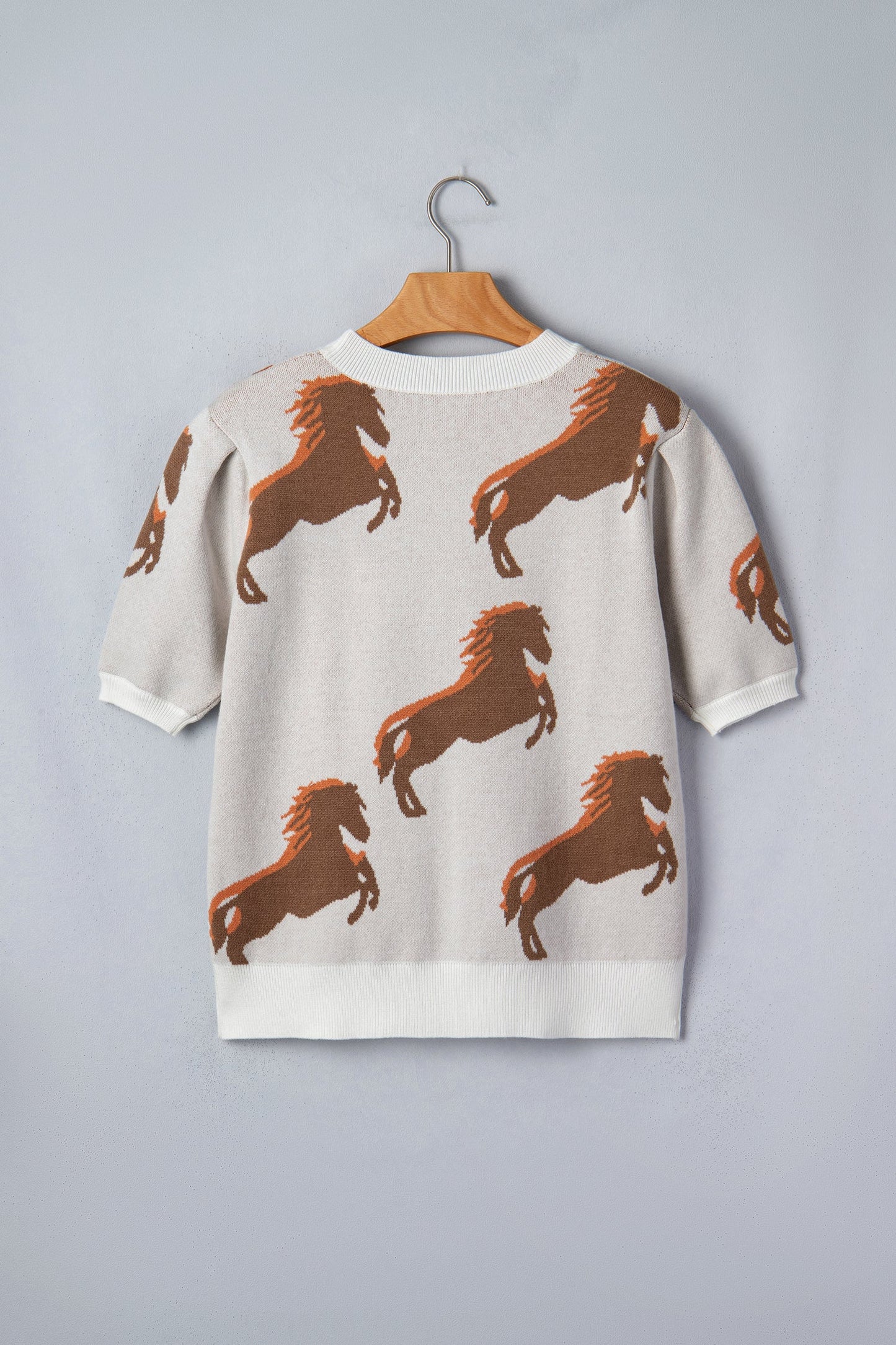 White Western Horse Printed Short Puff Sleeve Sweater