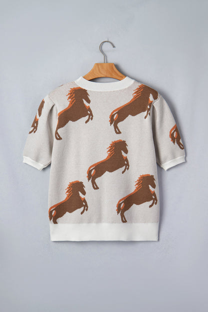 White Western Horse Printed Short Puff Sleeve Sweater